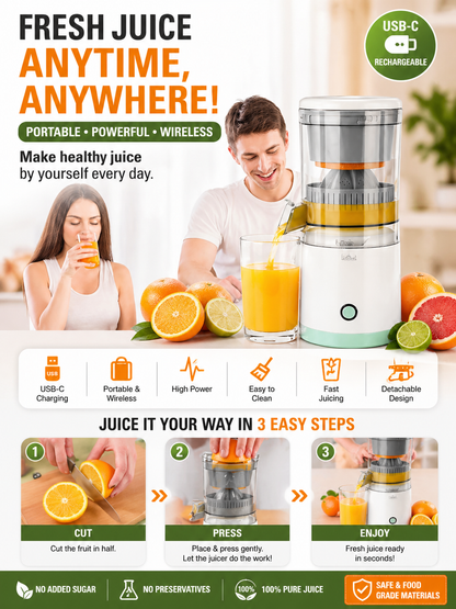 Electric Juicer Orange Squeezer Citrus Press Lemons, Portable USB Charging Electric Juicer