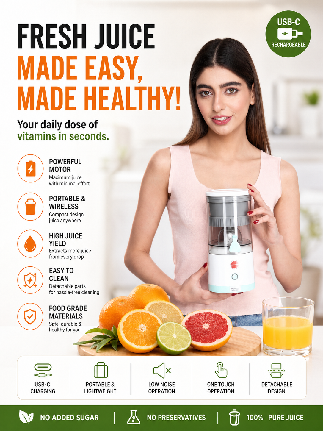 Electric Juicer Orange Squeezer Citrus Press Lemons, Portable USB Charging Electric Juicer