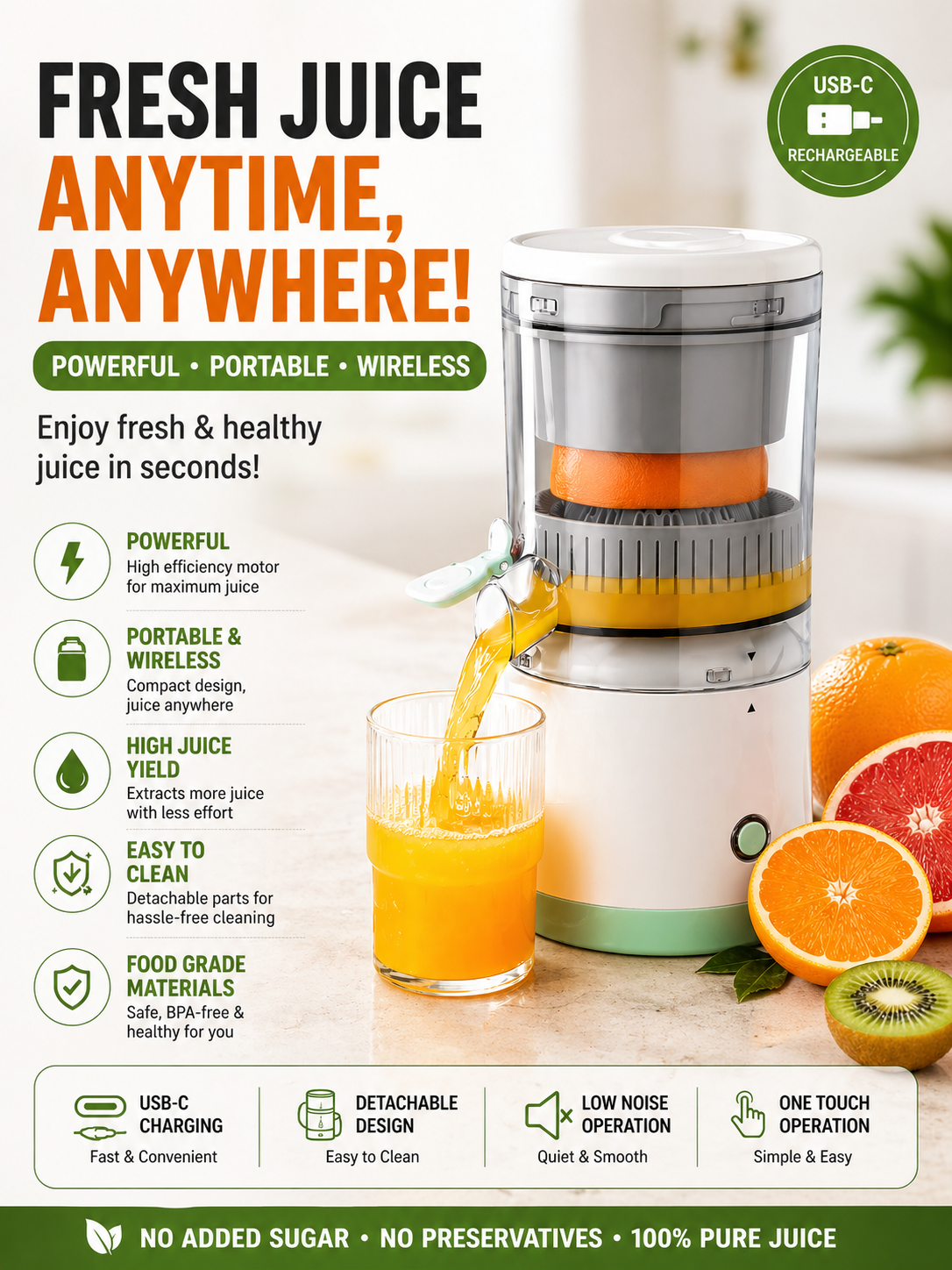 Electric Juicer Orange Squeezer Citrus Press Lemons, Portable USB Charging Electric Juicer